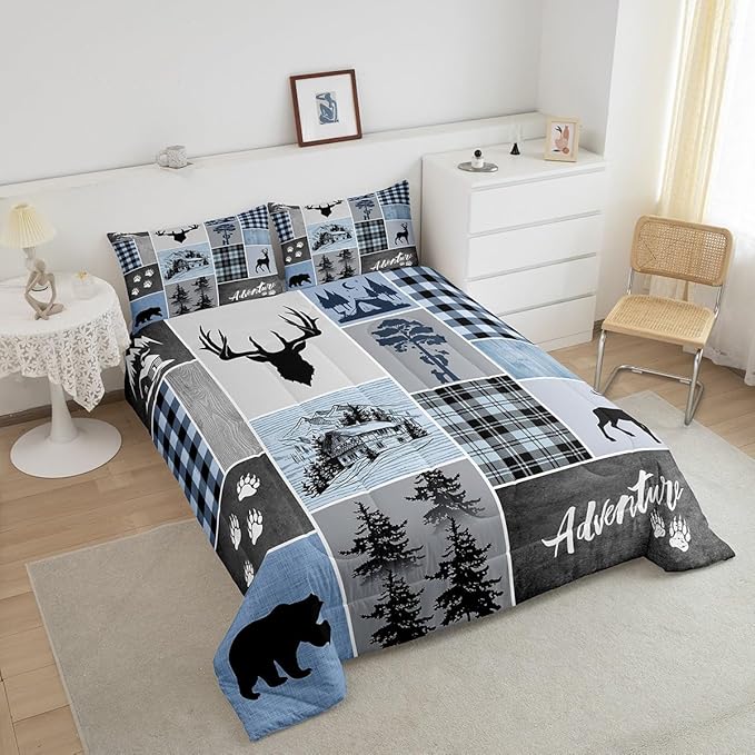 Manfei Deer Antler Comforter Set King Size,Bear Paws Rustic Farmhouse Xmas Bedding Set for Kids Boys Girls Adults Room Decor,Plaids Patchwork Adventure Down Comforter,Blue Duvet Insert,2 Pillowcases