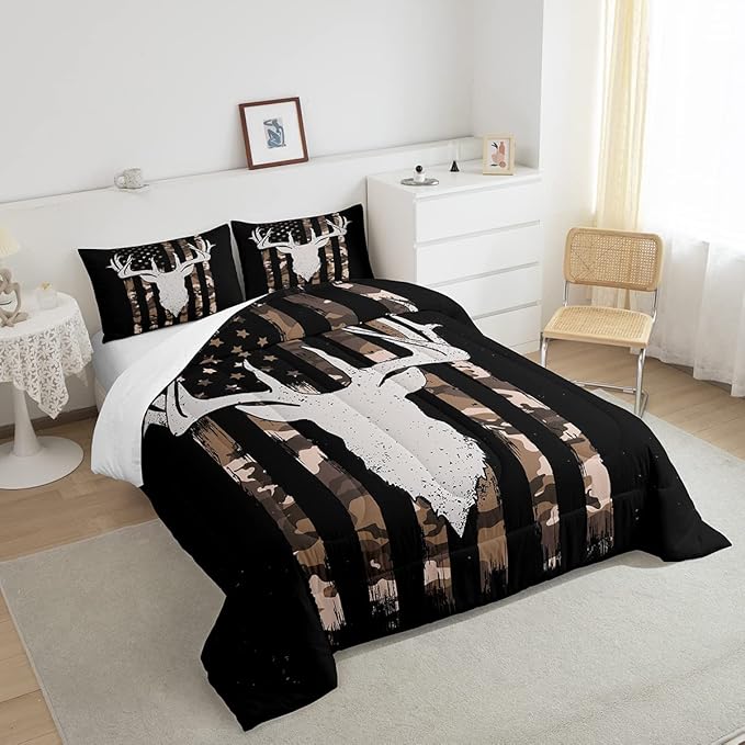 Camouflage American Flag Comforter Set, Hunting Antler Bedding Comforter Sets Brown Black Camo Striped Bedding King Size for Kids Boys Teens Adult Women, Rustic Woodland Animal Duvet Insert