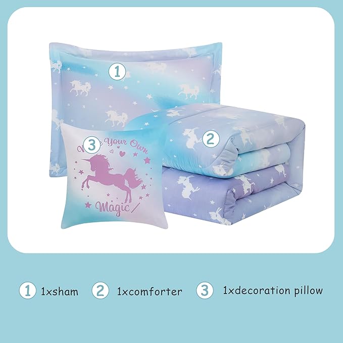 KALEIDOSPACE Kids Twin Comforter Sets for Girls, Glow in The Dark Unicorn Bedding Sets -3 Pieces Lightweight Bed in A Bag