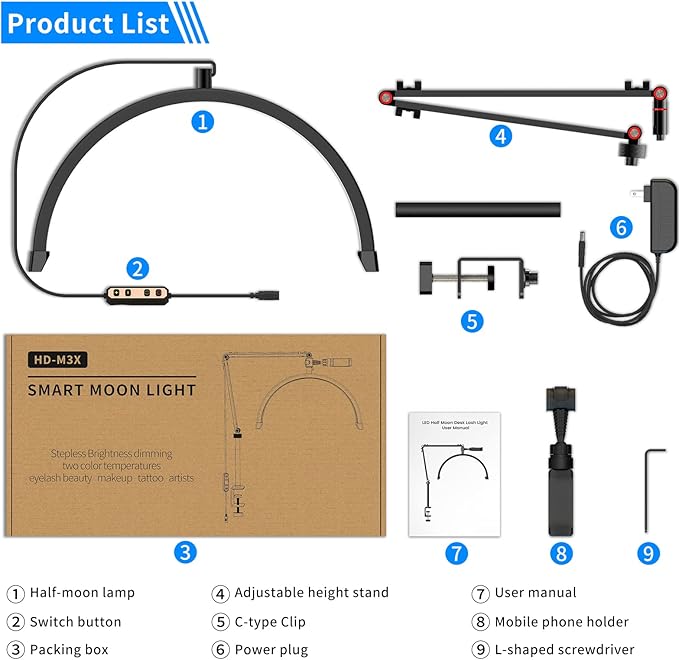 Yofuly Lash Light for Eyelash Extensions, Portable Half Moon Desk Lamp, Esthetician Light for Tattoo Artists, Nail Tech, Eyelash Lamp with Phone Holder | 3000-6000K | 10 Brightness Adjustable