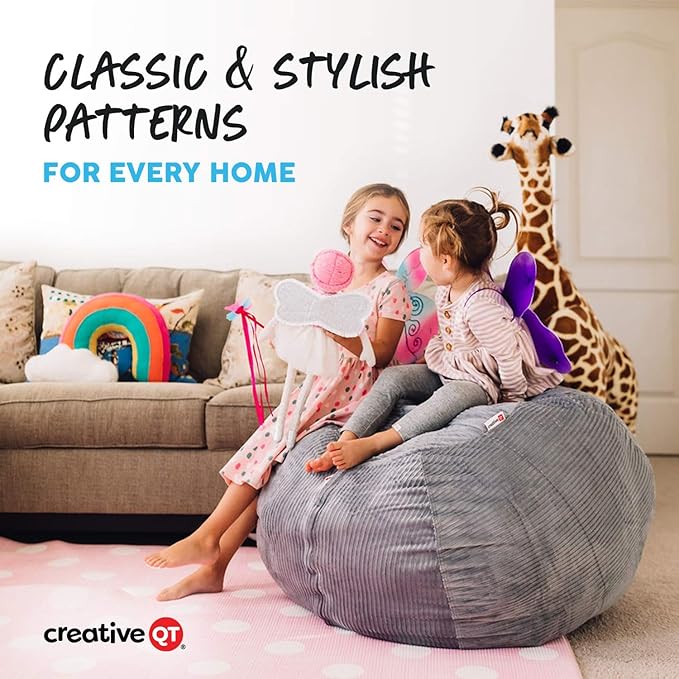 Creative QT Stuff ’n Sit Large 33’’ Bean Bag Storage Cover for Stuffed Animals & Toys – Gray Floral Print – Toddler & Kids’ Rooms Organizer – Beanbag Makes Great Plush Toy Hammock Alternative