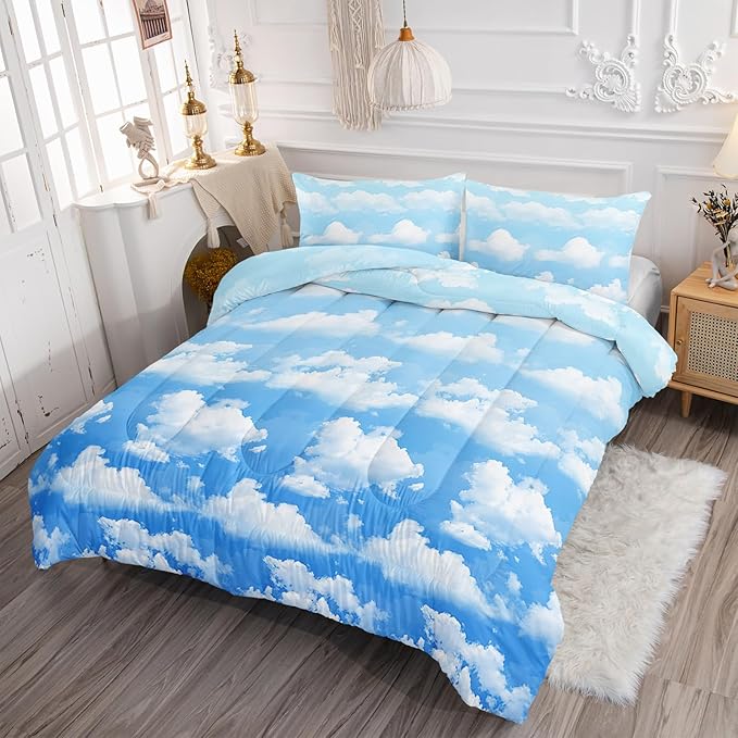 Axolotl Blue Cloud Comforter Set Twin,Light Blue Bedding Set,Cloud Sky Comforter Set Blue Sky and White Clouds Design Bedding Set,Sky Blue Comforter for Kids Girls Boys Teens,1 Quilt 2 Pillowcases