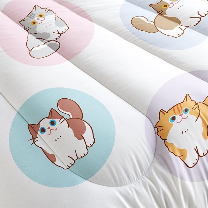 Datura home White Kawaii Cat Comforter Bedding Set Girls Kitten White Print Cute Animal Pattern Bedding Set 1 Comforter 2 Pillowcases Girls Bedroom All Season(Cat White Full) Full 80x90''