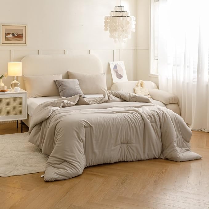 ROSGONIA King Size Comforter Set Oatmeal, 3pcs (1 Boho Comforter & 2 Pillowcases), All Season Bedding Soft Lightweight Bedspread Blanket Quilt