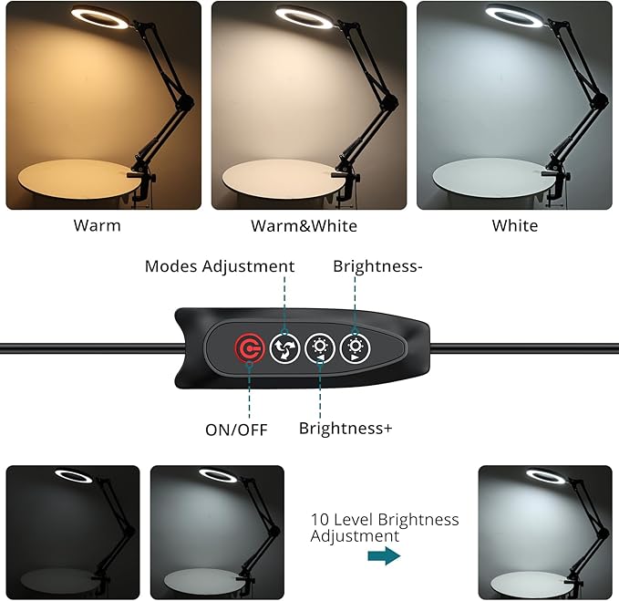 8X Lighted Magnifying Glass Lamp, Adjustable Magnifying Glass with Light Clamp Swivel Arm LED 3 Color Modes,10 Brightness Levels, Hands Free Magnifier for Hobby Close Work, Repair, Reading