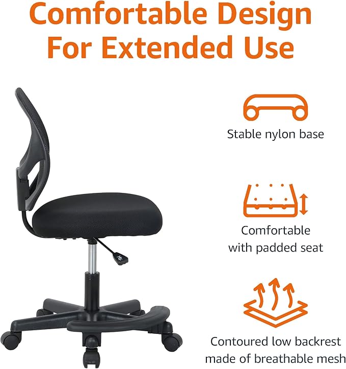 Amazon Basics Kids Adjustable Mesh Low-Back Swivel Study Desk Chair with Footrest, Black