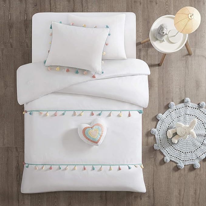 Mi Zone Kids Tessa Cozy Comforter Set, Colorful Fun Design All Season Children Bedding Girls Bedroom Décor, Full/Queen, White with Colorful Tassel 4 Piece