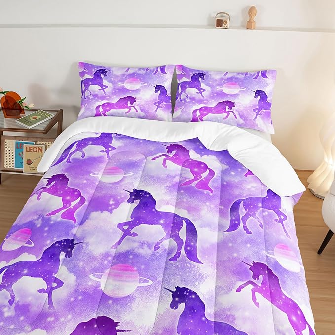 HOSIMA Purple Unicorn Twin Bedding Sets for Girls Kids,3 Piece Soft Microfiber Galaxy Comforter Princess Crib Bedding Set Unicorn Bedroom Decor for Girls Room,Planet Cloud Twin Bed in a Bag.