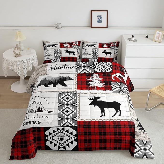 Deer Antlers Bear Kids Comforter Set Queen Size,Plaids Aztec Arrows Patchwork Bedding Set for Boys Girls Adults Room Decor,Rustic Adventure Xmas Down Comforter,Red Retro Duvet Insert,2 Pillowcases