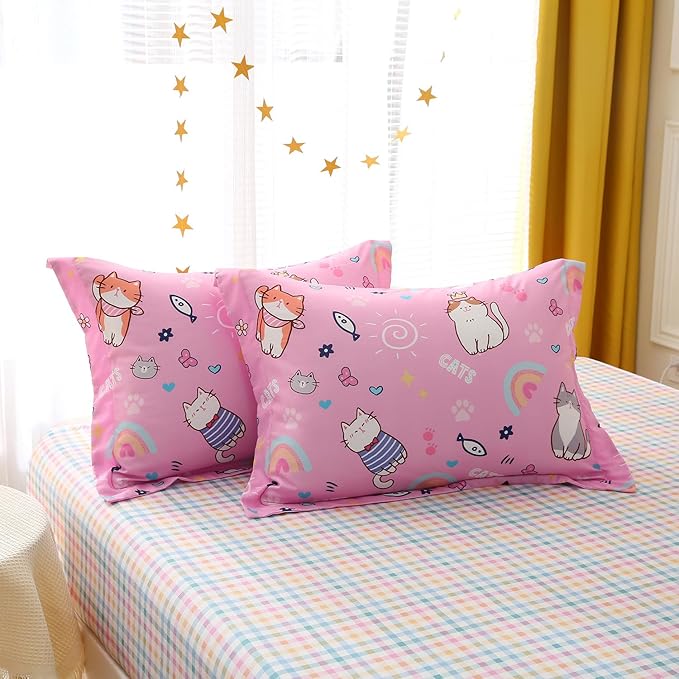 Pink Cats Comforter Set Twin Size for Girls Kids Teens 7 Piece Cute Animal Fish Butterfly Bed in A Bag Cartoon Rainbow Star Sun Heart Bedding Set All Season Lightweight