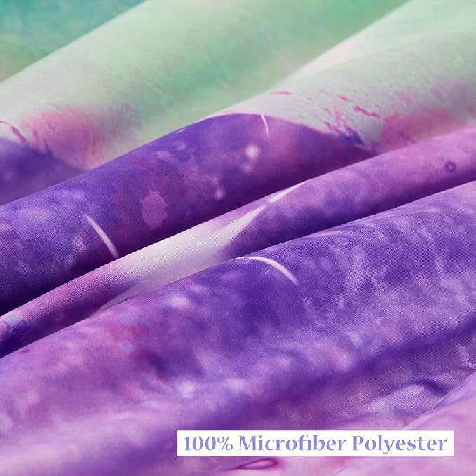 6Pcs Purple Rainbow Twin Size Bedding Set for Girls Gradient Glitter Kids Comforter Sets Tie Dye Girls Bed Set Sparkle Galaxy Bed in A Bag with Sheets