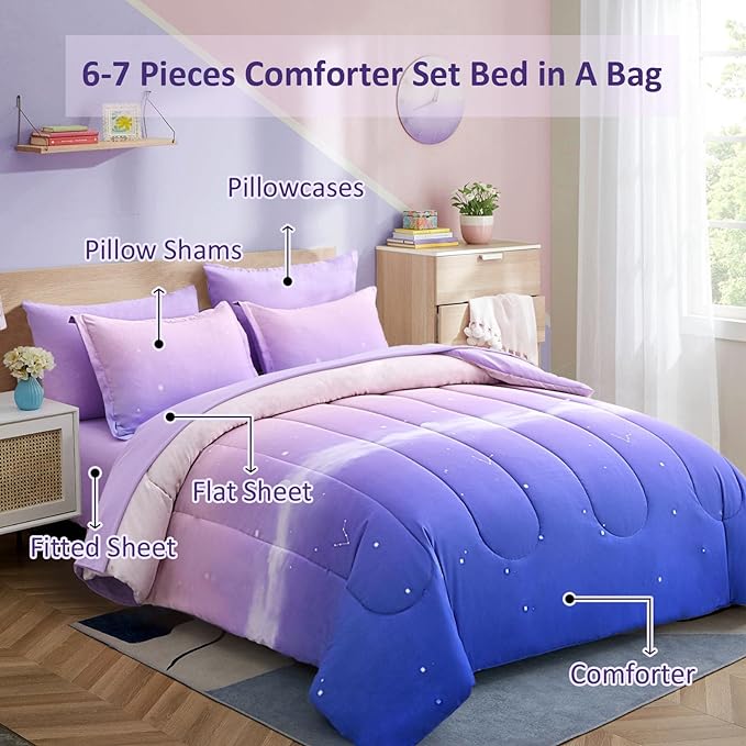 Dinjoy Girls Comforter Set Full Size Colorful Rainbow Ombre Purple Lavender Pink Bedding Set Gradient 7 Pieces Bed in A Bag for Kids Teen Girl Women(1 Comforter, 1 Flat Sheet, 1 Fitted Sheet)