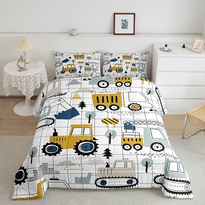 Feelyou Construction Comforter Set Queen Size Kids Excavator Tractor Toddler Comforter Cartoon Car Equipment Trucks Plaid Grid Comforter Set Construction Vehicles WhiteDuvet Set Quilt Set