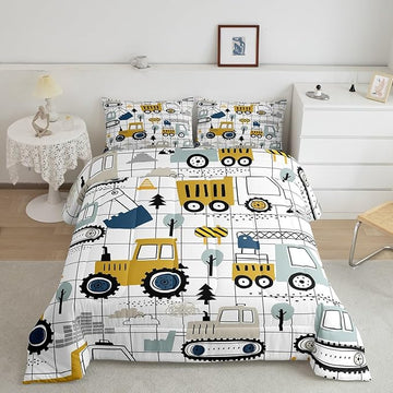 Feelyou Construction Comforter Set Full Size Kids Excavator Tractor Toddler Comforter Cartoon Car Equipment Trucks Plaid Grid Comforter Set Construction Vehicles WhiteDuvet Set Quilt Set