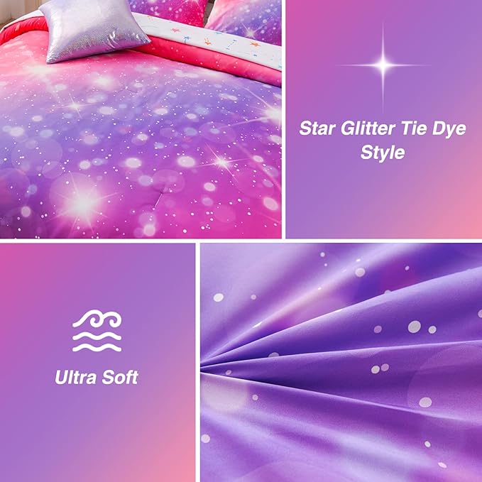 A Nice Night 6Pcs Gradient Glitter Bedding Set for Girls, Colorful Rainbow Galaxy Comforter Set, Ultra Soft Bedding Sets (Pink-Purple,Full 6Pcs)