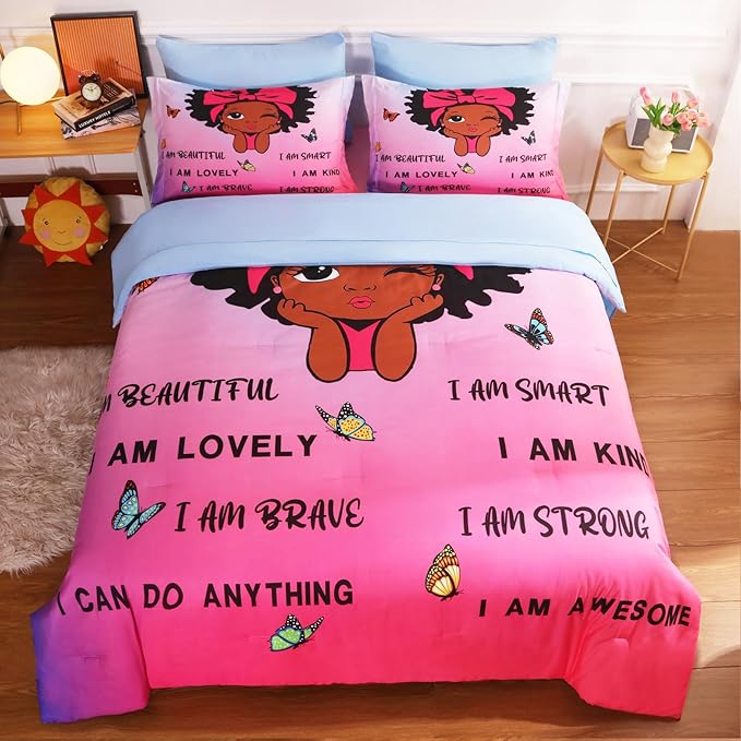 7 Piece Black Girls Magic Comforter Sets Queen Size African American Girl Bedding Set Bed in A Bag for Girls Kids Teens Inspirational Quotes Pink Blue Quilts Room Decor