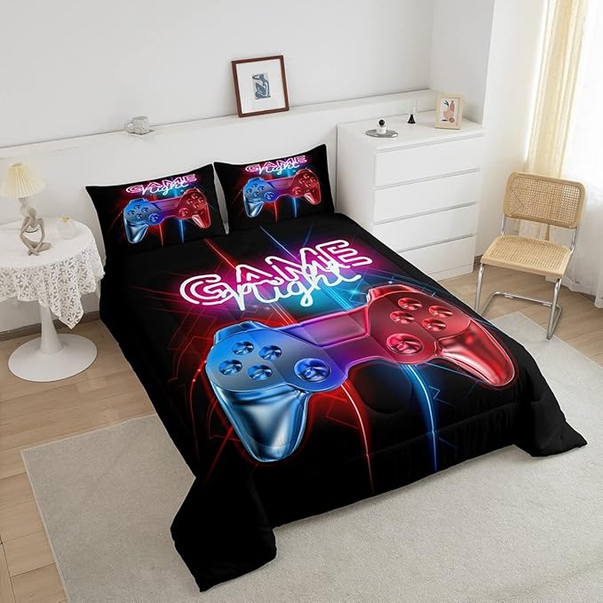 Boys Gaming Comforter Set Queen Size Teens Gamer Bedding Set Modern Blue Red Video Game Controller Comforter For Kids Children Youth Bedroom Decor Multi-Color Gamer Console Action Buttons Duvet Set