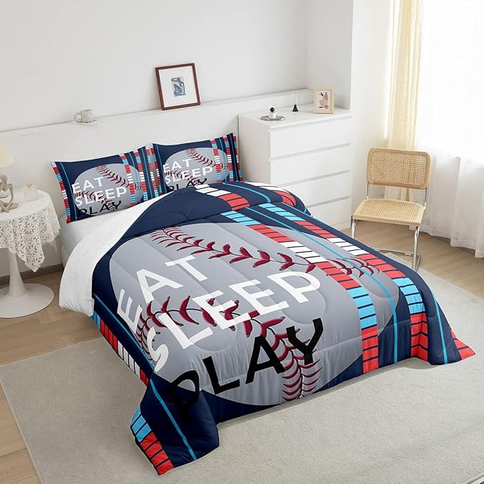 Feelyou Baseball Comforter Set Sports Game Bedding Set for Boys Girls Baseball Gaming Blue Stripe Comforter Gift for Baseball Softball Lover Room Decor King Size Quilt Boys
