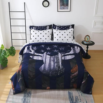 Camo Deer Comforter Set Twin Size 7 Piece Bed in A Bag Camouflage American Flag Bedding Set for Boys Kids Teens Men Super Soft All Season