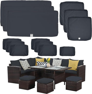 ClawsCover 13Pack Outdoor Seat and Back Cushions Replacement Covers Fit for 7Pieces Wicker Rattan Patio Furniture Set Sectional Couch with Dining Table and Ottoman,Dark Gray-Include Cover Only