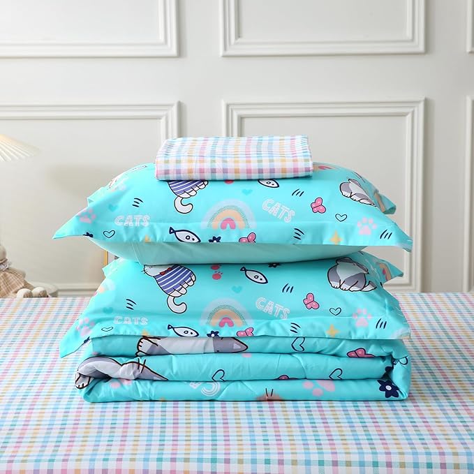 Kawaii Cats Comforter Set Twin Size for Girls Boys Kids Teens 7 Piece Cute Animal Fish Butterfly Bed in A Bag Cartoon Rainbow Star Sun Heart Bedding Set All Season Lightweight