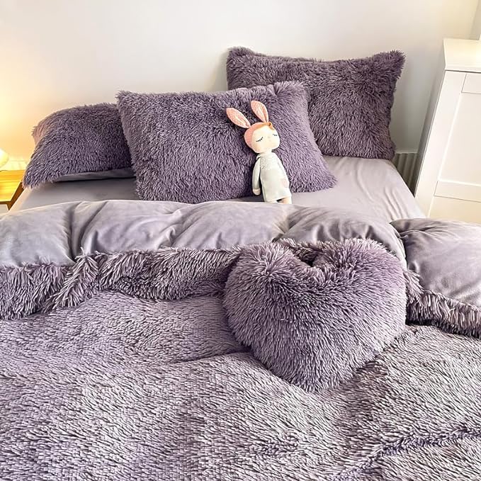 Faux Fur Kid Girls Purple Comforter Sets Queen - 3PC Bed Set Warm Comfortable Soft Plush Flannel Velvet Fluffy Fuzzy Bedding（Comforter x 1 Pillowcases x 2）