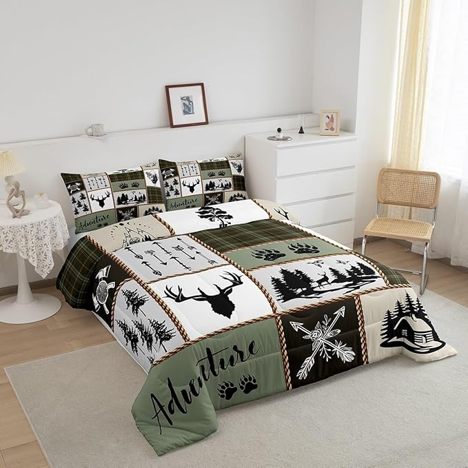 Rustic Farmhouse Kids Comforter Set King Size,Deer Antlers Bear Paws Plaids Patchwork Bedding Set for Boys Girls Adults Room Decor,Pine Trees Arrows Down Comforter,Retro Duvet Insert,2 Pillowcases