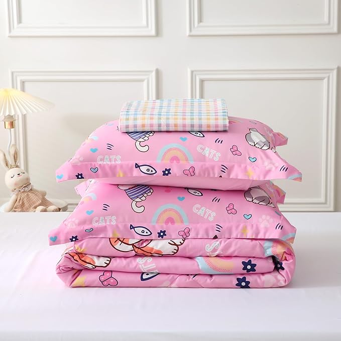 Kids Cute Cat Comforter Set Full Size 7 Piece Pink Rainbow Star Sun Heart Bed in A Bag Kawaii Animal Butterfly Fish Bedding Set for Girls Teens Super Soft All Season