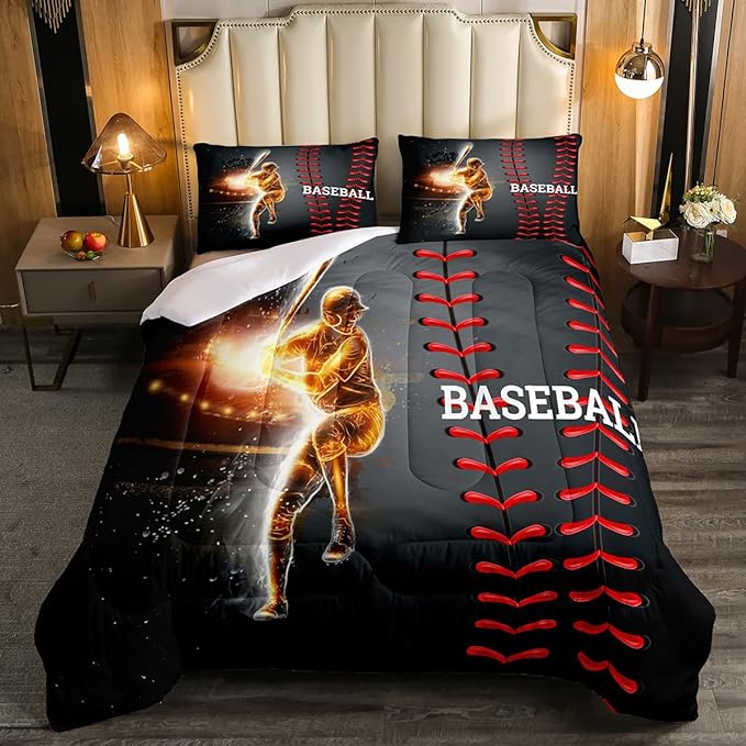 Erosebridal Baseball Bedding Set, Golden Athlete Comforter Set Queen Size, Sports Games Down Comforter for Kids Boys Girls Bedroom, Glitter Outer Space Duvet Insert for Living Room