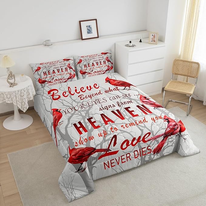 Cardinal Bird Comforter Set Full Size Farmhouse Red Birds Bedding Set for Girls Boys Women Men Tree Branches Decor Comforter Nature Comforter with 2 Pillow Case