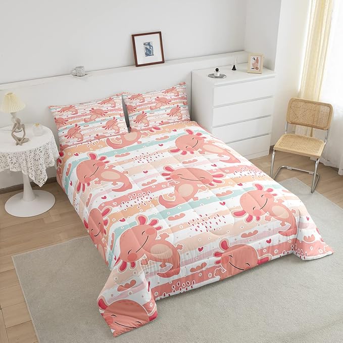 Cute Axolotl Comforter Set Full Size Rainbow Stripes Quilt Set Animal Theme Bedding Comforters 3pcs for Kids Teens Room Decor,Pink Romantic Soft Duvet Set with 2 Pillowcases