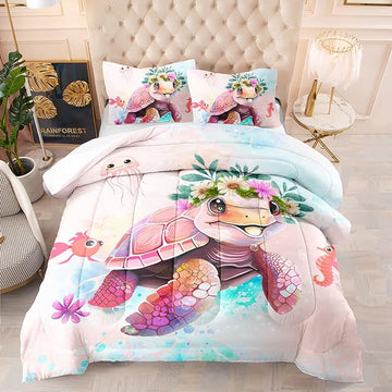 CVHOUSE Kawaii Sea Turtle Comforter Set Full Size,Ocean Theme Bedding Set for Girls Kids,Tie Die Turtle Quilt Set Ocean Turtle Duvet Set Ocean Decor 3 Pieces