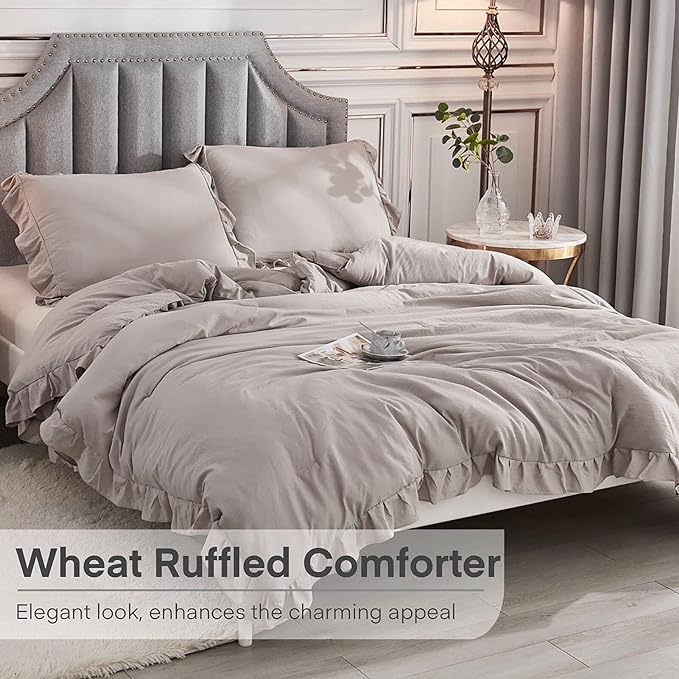 Andency California King Comforter Set Wheat (104x96Inch), 3 Pieces Cal King Ruffle Comforter, Oversized Farmhouse Shabby Chic Bed Comforter, Lighteweight and Soft Microfiber Bedding Set