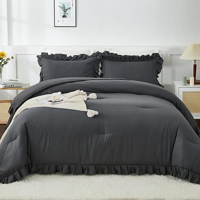 Andency Dark Gray Twin Size Comforter, 2 Pieces Kids All Season Ruffle Bed Comforter Set, Boho Lightweight Solid Farmhouse Shabby Chic Bedding Comforters & Sets (66x90Inch Comforter)