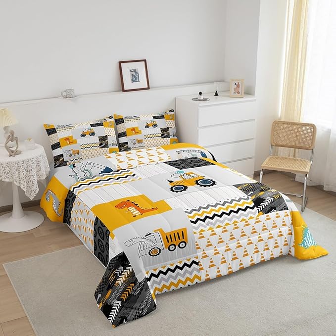 Construction Comforter Set Full Size Kids Cartoon Car Excavator Tractor Toddler Comforter Equipment Trucks Plaid Grid Yellow Comforter Set Construction Vehicles Duvet Set Quilt Set