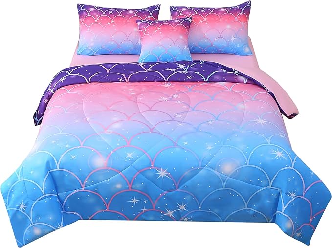 JQinHome Twin Size Mermaid Comforter Set, 6 Piece Bed in A Bag 3D Colorful Bedding Set for Girls kids (1 Comforter,2 Pillowcases,1 Flat Sheet,1 Fitted Sheet,1 Cushion Cover)(Pink Mermaid Scale)