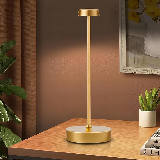 Cordless Battery Powered Table Lamp, Rechargeable LED Dimmable Brightness Metal 6000mAh Touch Desk Lamp Portable Modern Design for Restaurant Indoor & Outdoor (Gold)