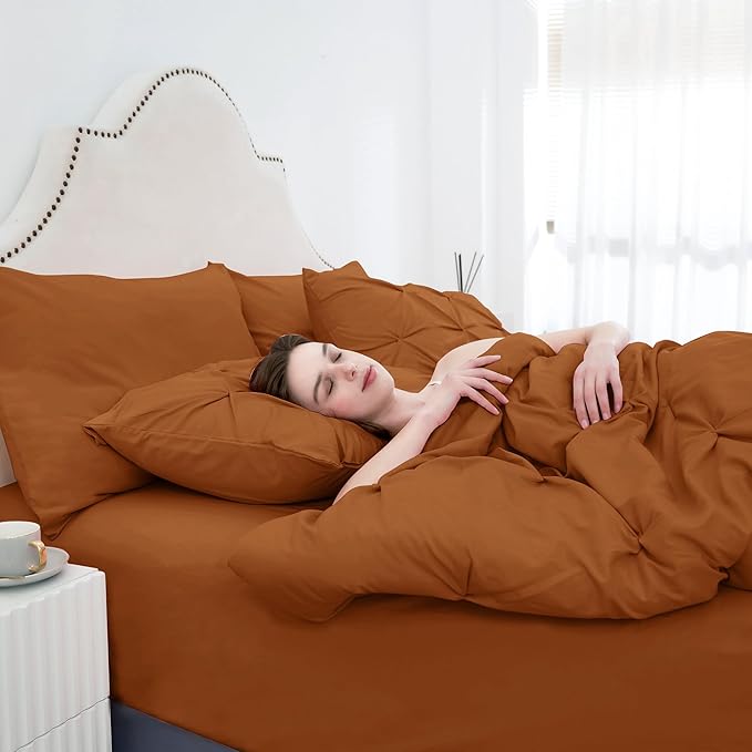 Ubauba 7pc Burnt Orange Comforter Set Full Size, 7 Pieces Pintuck Bed in a Bag Rust Bed Set with Comforter and Sheets, Bedding Comforters & Sets (Rustic, Full)