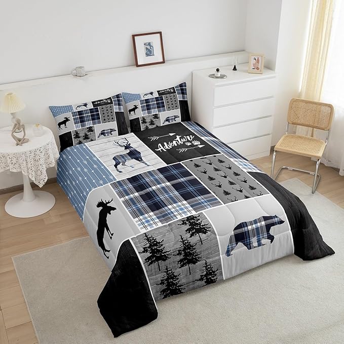 Rustic Adventure Kids Comforter Set Queen Size,Deer Bear Pine Trees Xmas Bedding Set for Boys Girls Adults Room Decor,Plaids Arrows Wooden Patchwork Down Comforter,Blue Duvet Insert,2 Pillowcases