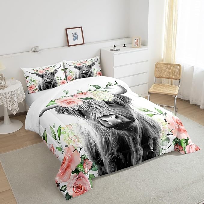 Highland Cow Bedding Set Kids Rose Floral Bull Cattle Comforter Set for Girls Teens Western Wildlife Animal Comforter Farmhouse Duvet Set Room Decor Quilt Set Full Size