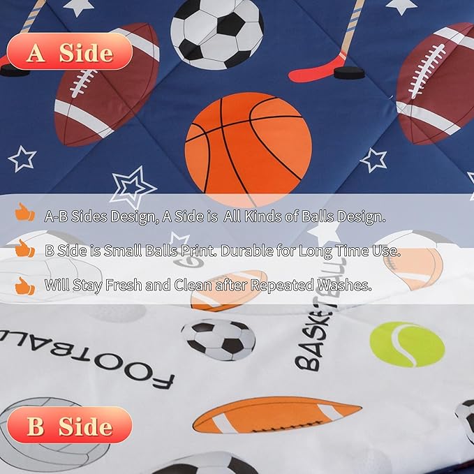 RYNGHIPY Kids Sports Theme Bedding Set, Basketball Football Baseball Tennis Print Comforter Set for Teens Boys Girls, Super Soft Lightweight (Balls,Queen)