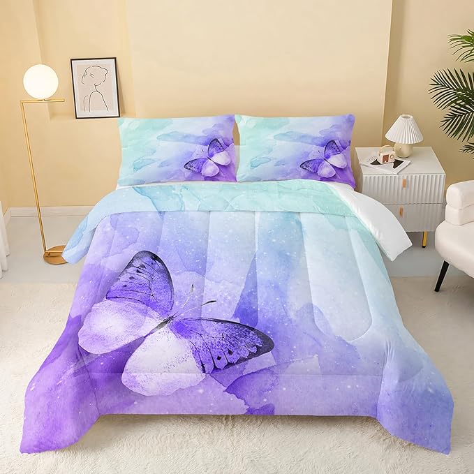 Butterfly Comforter Twin Size,Watercolor Butterfly Kids Comforter Set,3Pcs Bedding Set Printed Comforter with 2 Pillowcases,Down Alternative,Soft and Lightweight,for All Seasons