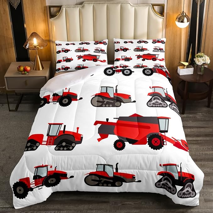 Red Tractor Comforter Set Full Size Heavy Equipment Truck Bedding Set For Kids Boys Girls Teens Harvester Tractor Down Comforter Farm Equipment Quilt Set Bedroom Collection 3Pcs Car Room Decor