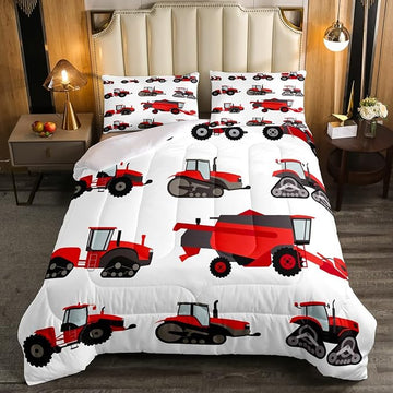 Erosebridal Red Tractor Comforter Set Queen Size Heavy Equipment Bedding Set for Kids Boys Girls Excavator Harvester Tractor Comforter Farm Equipment Duvet Set Soft Bedroom Collection 3Pcs
