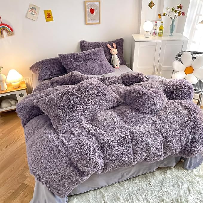 Faux Fur Kid Girls Purple Comforter Sets Queen - 3PC Bed Set Warm Comfortable Soft Plush Flannel Velvet Fluffy Fuzzy Bedding（Comforter x 1 Pillowcases x 2）