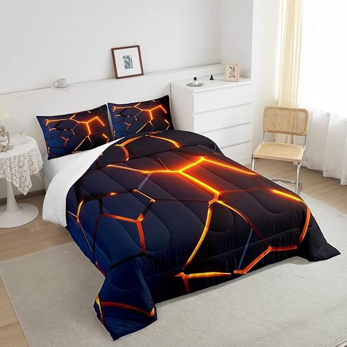 Honeycomb Print Bedding Set Red Black Fire Hexagonal Pattern Comforter Set for Kids Boys Girls Teens Beehive Geometrical Comforter Breathable Simplistic Duvet Set Room Decor Quilt Set Twin Size