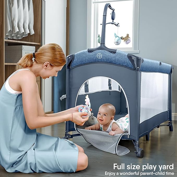 BabyBond Baby Bassinet Bedside Crib, Pack and Play with Sheet, Diaper Changing Table and Music Mobile from Newborn to Toddles, Portable Large Playard