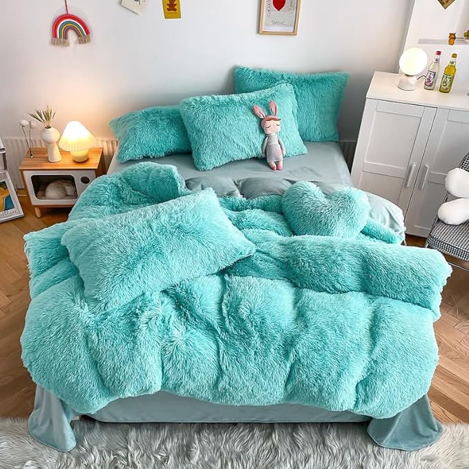 Faux Fur Kids Girls Sky Blue Comforter Sets Twin/Full - 3PC Bed Set Warm Comfortable Soft Plush Flannel Velvet Fluffy Fuzzy Bedding（Comforter x 1 Pillowcases x 2）