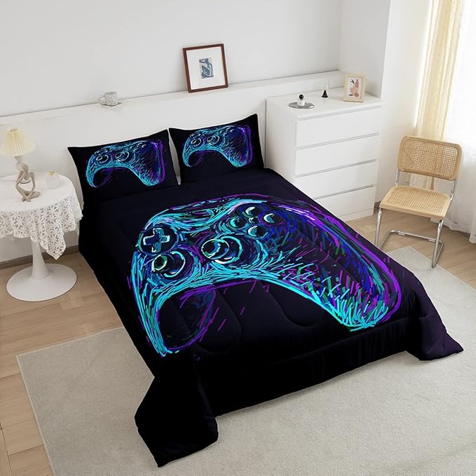 Gamer Comforter Set for Boys Teens Blue and Black Gaming Bedding Set Video Game Bedding Home Decor for Kids Comforter Full Size 3 Pieces Gamepad Quilted Duvet Set 1 Comforter with 2 Pillowcases
