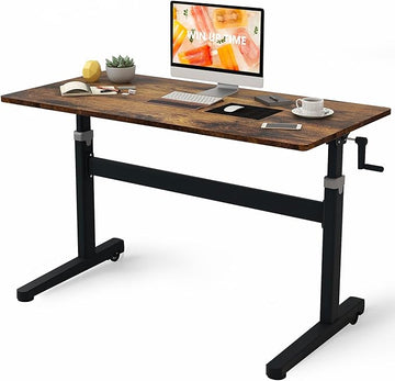 Manual Standing Desk Adjustable Height- Crank Mobile Standing Desk 55 x 24 Inches Sit Stand Desk Frame & Top, Stand Up Desk on Wheels, Computer Desk Black Frame & Rustic Brown